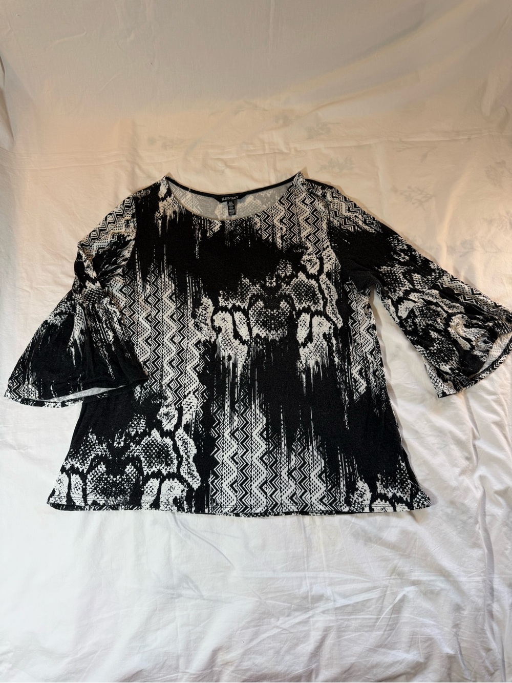 Ellen Tracy Black & White Printed Bell-Sleeve Knit Tunic Top Size XL